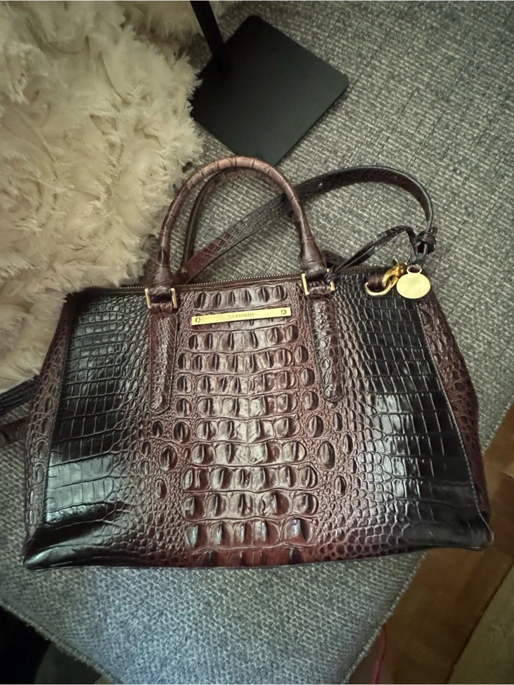 Brahmin Lincoln Satchel Melbourne Cocoa CrocEmbossed Leather Convertible Handbag